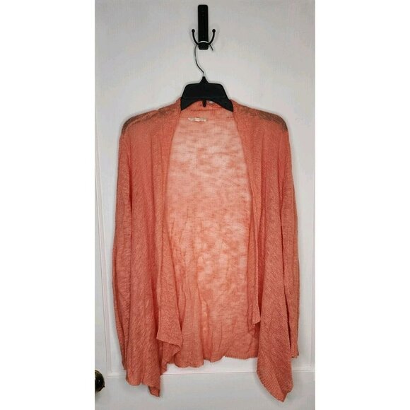 Eileen Fisher Orange Coral Open Front Fine Knit Cardigan 100% Linen Size Medium - Picture 1 of 4